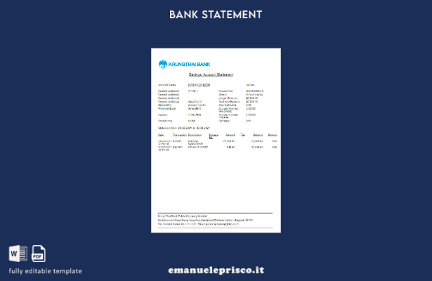 modello Excel di estratto conto bancario Thailandia Krungthai in stile verificat